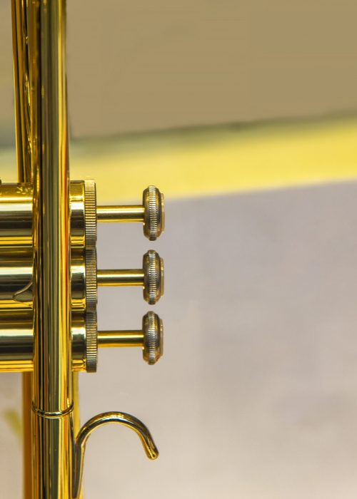 A part of the stunning golden trumpet with brass details. Close up of trumpet finger buttons valves